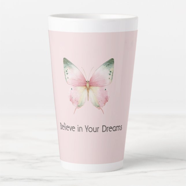 Caneca De Café Latte Borboleta Verde Rosa Branco Menta (Frente)