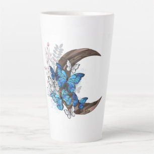 Caneca De Café Latte Borboletas azuis em crescente de madeira