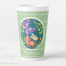 Caneca De Café Latte Borboletas coloridas em verde, personalizadas