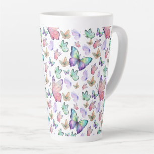 Caneca De Café Latte Borboletas de Aquarela Padrão Invisível