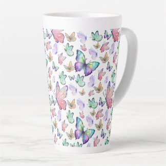Caneca De Café Latte Borboletas de Aquarela Padrão Invisível