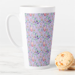 Caneca De Café Latte Borboletas de Aquarela Púrpura Sem Costura