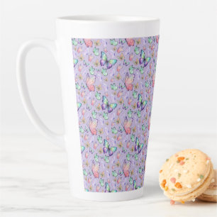 Caneca De Café Latte Borboletas de Aquarela Púrpura Sem Costura