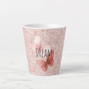 Caneca De Café Latte Borboletas de Brilho Rosa Vermelho
