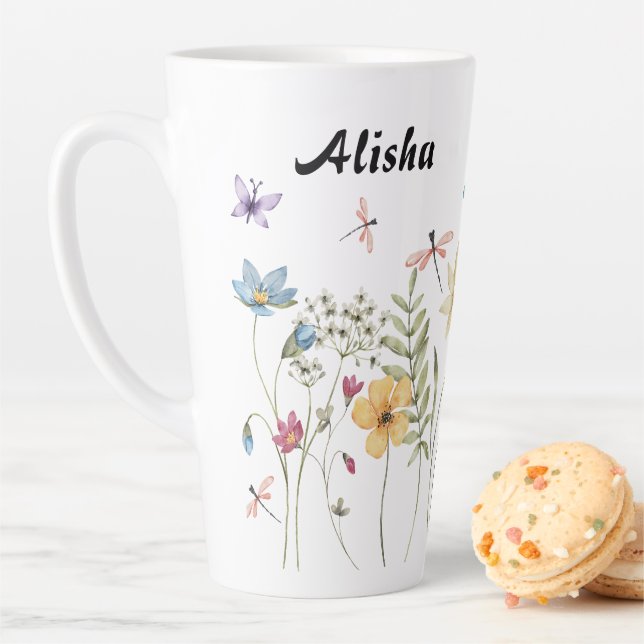 Caneca De Café Latte Borboletas de flores selvagens legíveis (In Situ)
