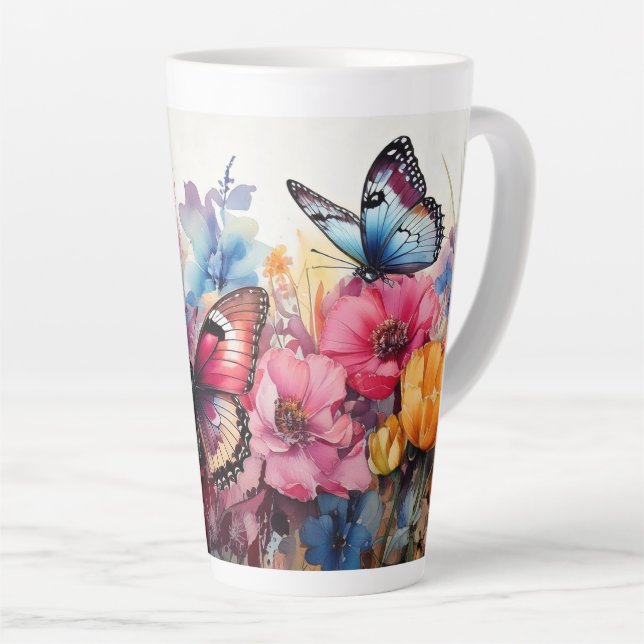 Caneca De Café Latte Borboletas e flores (Ângulo direito)