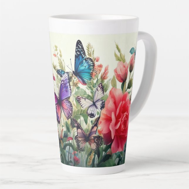 Caneca De Café Latte Borboletas e flores (Ângulo direito)