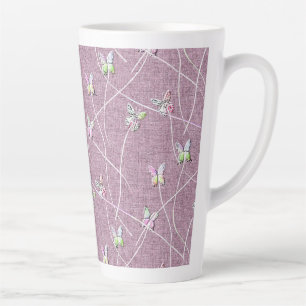 Caneca De Café Latte Borboletas em Aquarela sobre Rosa Empolvilhado