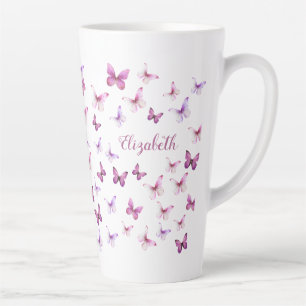 Caneca De Café Latte Borboletas Rosa Bonito Nome Personalizado