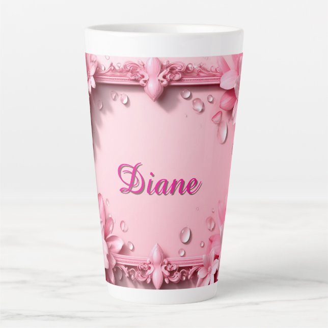 Caneca De Café Latte Borda Floral Rosa Com Nome Personalizado (Frente)