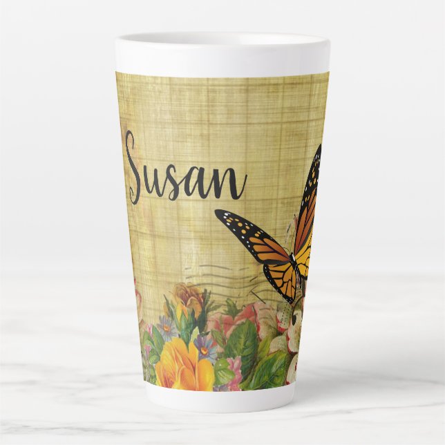 Caneca De Café Latte Botânico Rústico Personalizado com Borboleta (Frente)