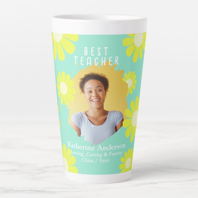Caneca De Café Latte Botão Foto do Melhor Professor Daisy (Frente)