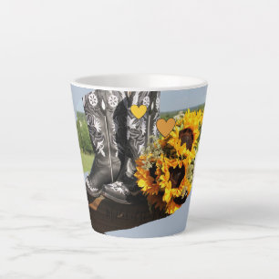 Caneca De Café Latte Botas Ocidentais Girassóis Casamento Rústico