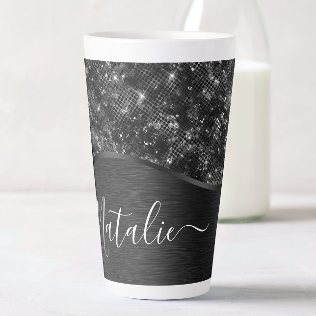 Caneca De Café Latte Brilho Preto Metálico Personalizado (Criador carregado)