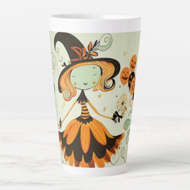 Caneca De Café Latte bruxa/abóbora/queda (Frente)