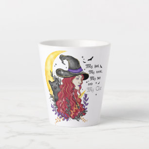 Caneca De Café Latte Bruxa com Gato Negro e Lua Crescente