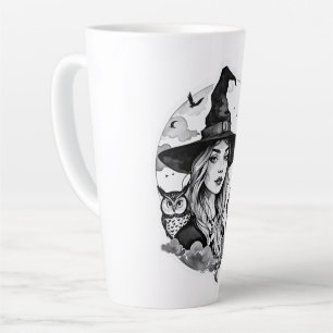 Caneca De Café Latte Bruxa com um Gato e uma Coruja - Diversão para Fãs