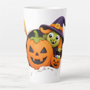 Caneca De Café Latte Bruxa Fofa e Abóbora de Argila Figurinha