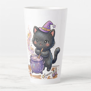 Caneca De Café Latte Bruxa Fofa Gato Preto Preparando Poção Mágica Hall