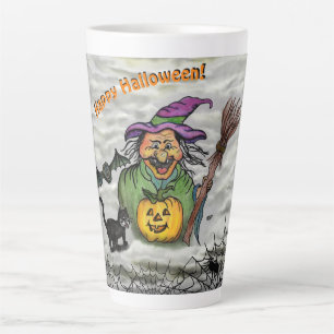 Caneca De Café Latte Bruxa, Gato, Morcego e Abóbora, Feliz Halloween !