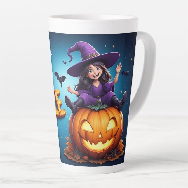 Caneca De Café Latte Bruxa Menina Fofa Abóbora Halloween 🎃 (Ângulo direito)