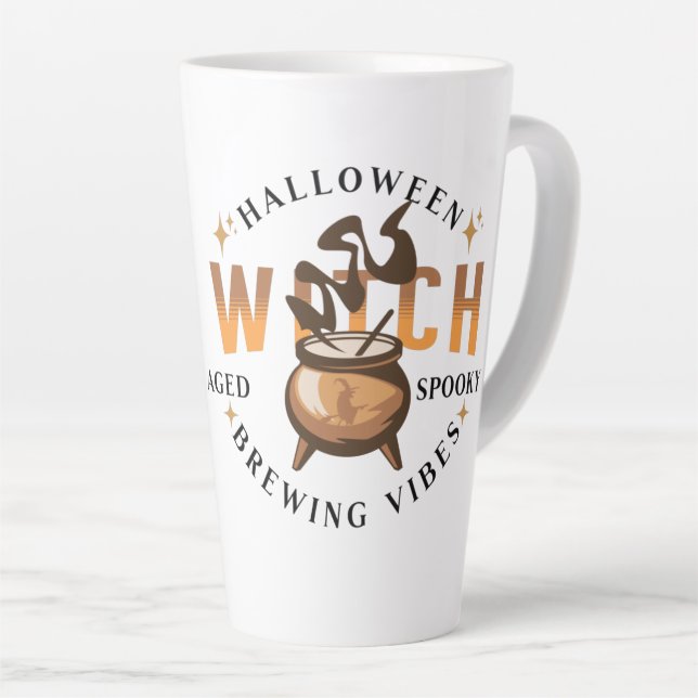 Caneca De Café Latte Bruxa Retro do Halloween Preparando Poção   (Ângulo direito)