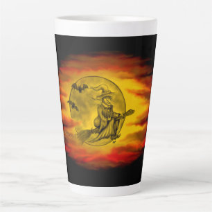 Caneca De Café Latte bruxa voadora com gato preto, noite de halloween