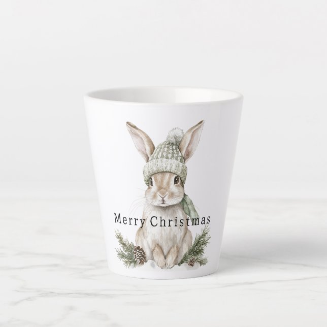 Caneca De Café Latte Bunny Rabbit Green Hat Christmas (Frente)