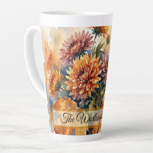 Caneca De Café Latte Buquê de Aquarela de Crisântemo de Outono e Folha