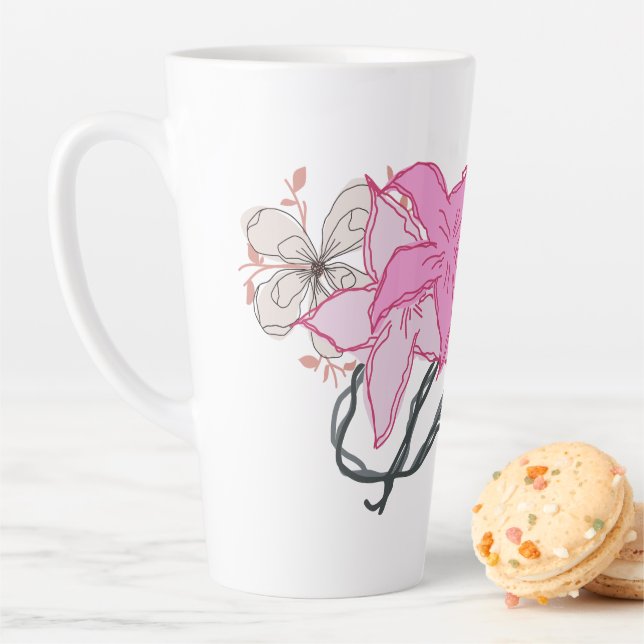 Caneca De Café Latte Buquê de Flores Desenhadas Rosa (In Situ)