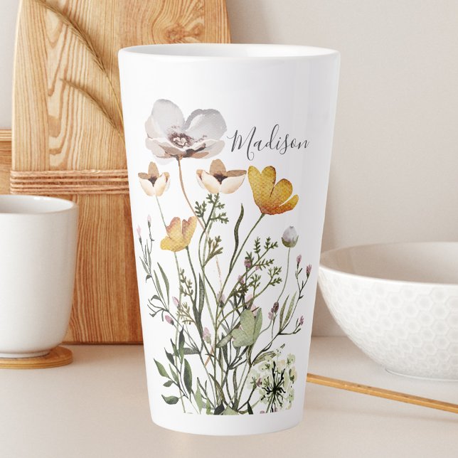 Caneca De Café Latte Buquê de Flores Silvestres Secas com Caligrafia de (In situ)