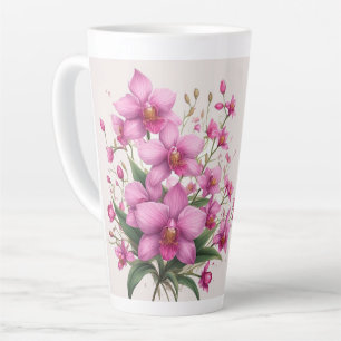 Caneca De Café Latte Buquê de Orquídea Rosa com Flores Delicadas