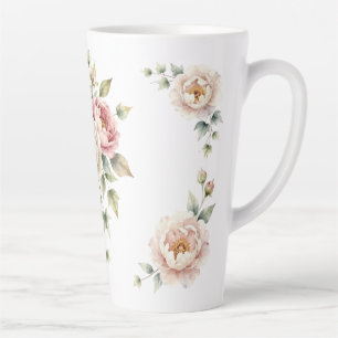 Caneca De Café Latte Buquê de Peônia Suave Elegância em Aquarela