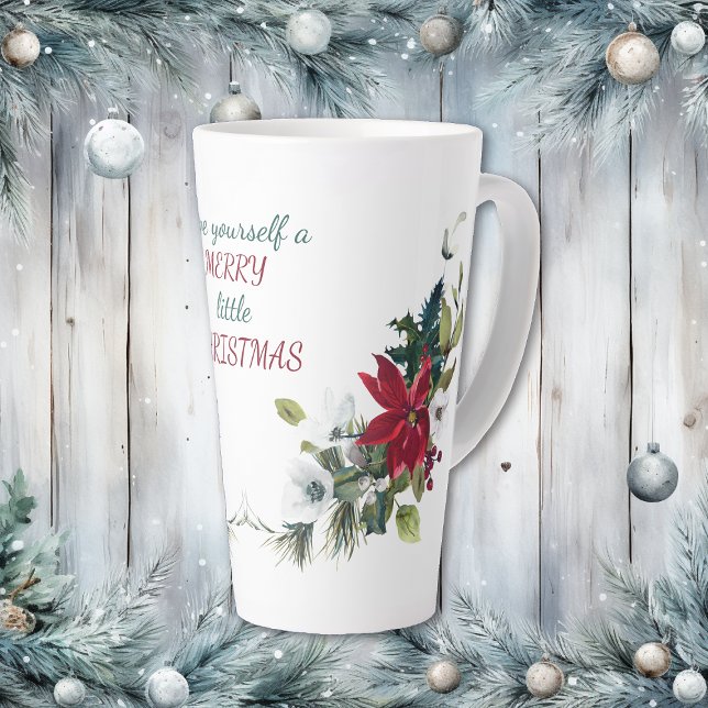 Caneca De Café Latte Buquê de Poinsettia Vermelha Feliz Pequeno Natal (Criador carregado)