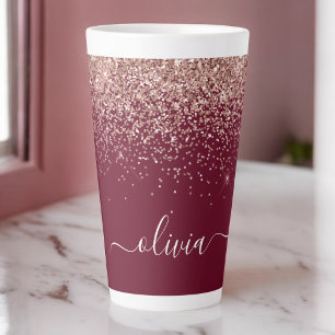 Caneca De Café Latte Burgundy Rosa Dourado Blush Rosa Brilho Monograma