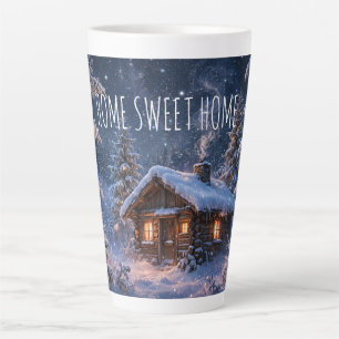 Caneca De Café Latte Cabana Mágica de Inverno à Noite na Floresta