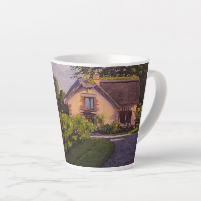 Caneca De Café Latte Cabana Rústica com Rojos, Amarelos, Verdes Latte (Ângulo direito)