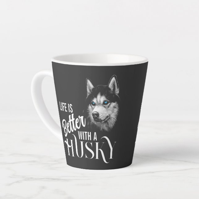 Caneca De Café Latte Cabeça De Retrato Irmão Husky Com T-Shir Azul (Ângulo esquerdo)