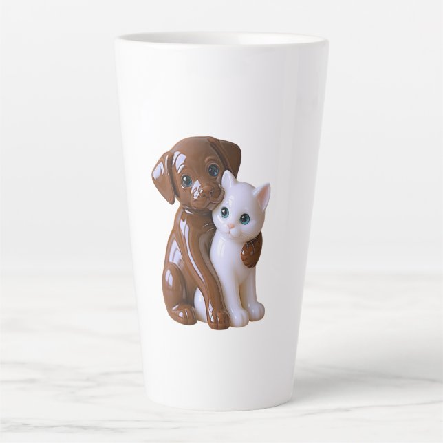 Caneca De Café Latte Cachorro & Gato Kawaii  (Frente)