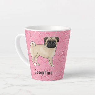 Caneca De Café Latte Cachorro Pug Fawn Fofo com Rostos e Corações Rosa