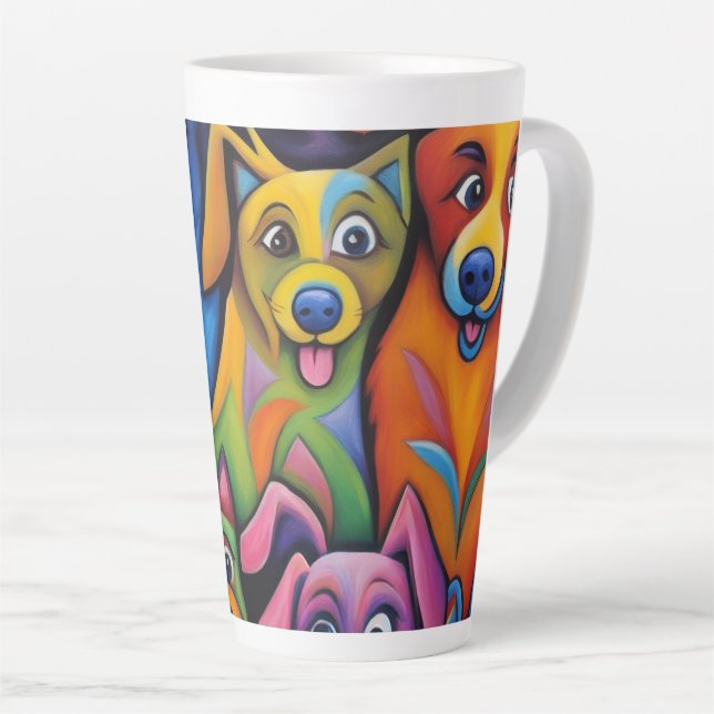 Caneca De Café Latte Cães abstratos selvagemente coloridos (Ângulo direito)