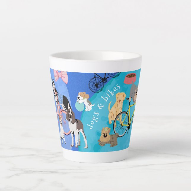 Caneca De Café Latte Cães e Bikes Brincadeiras Bicicletas (Frente)