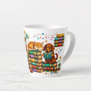 Caneca De Café Latte Cães Lendo Livros Cena Aconchegante de Biblioteca