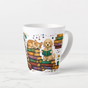 Caneca De Café Latte Cães Lendo Livros Cena Aconchegante de Biblioteca