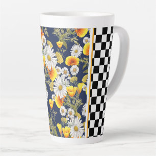 Caneca De Café Latte Camomiles Poppies e Checkerboard 