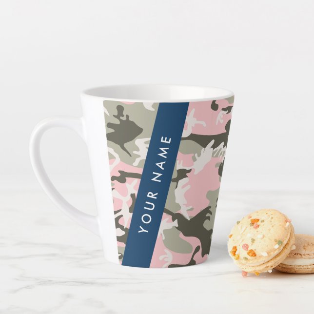 Caneca De Café Latte Camuflagem Rosa e Verde Personalize seu nome (In Situ)
