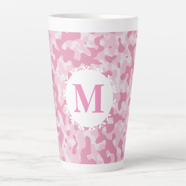 Caneca De Café Latte Camuflagem rosa Monograma inicial (Frente)
