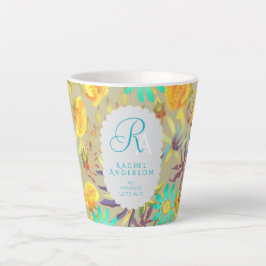 Caneca De Café Latte Caneca Cinza Latte com Monograma Floral Místico em