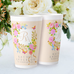 Caneca De Café Latte Caneca de Latte Bege com Monograma de Jardim Român