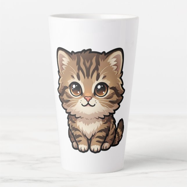 Caneca De Café Latte Caneca de Latte com Gatinho Malhado Marrom Fofo (Frente)